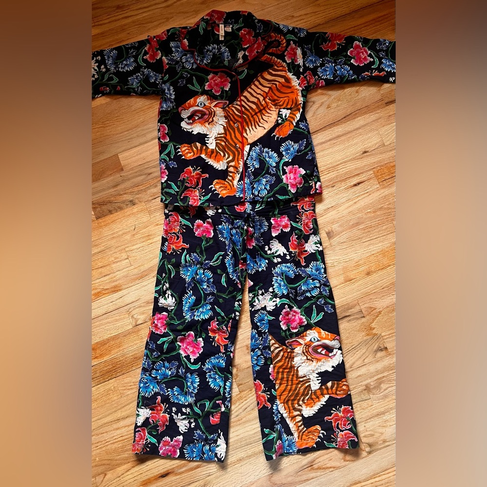Anthropologie LyreBird Paige Gemmel Navy Tiger Pajama Set